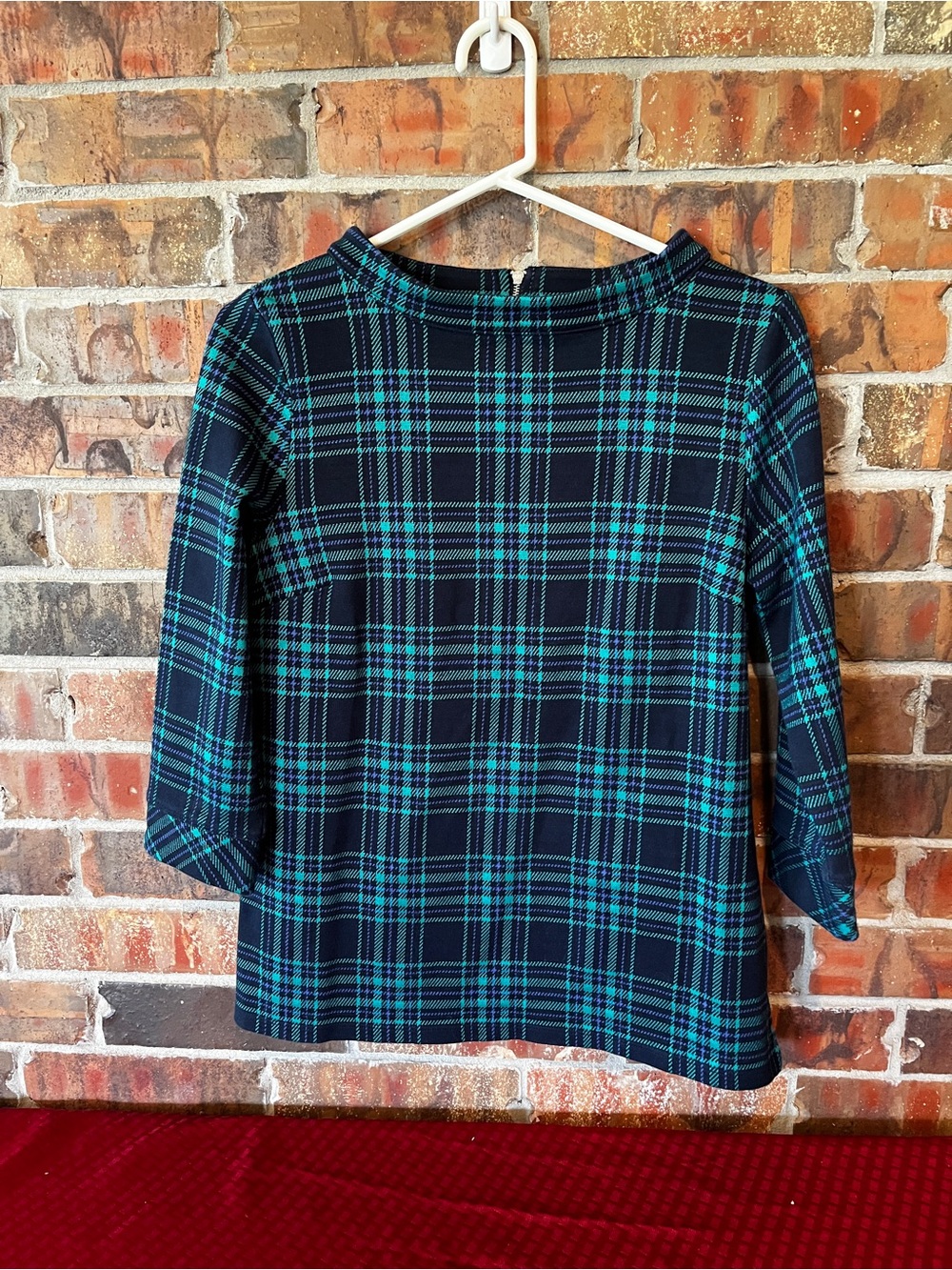 Talbots Women’s Career green & navy plaid funnel neck top 3/4 sleeves Size:M